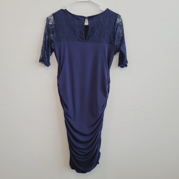💕Motherhood Maternity Navy Blue Dress with Lace Sleeves Women's Size Small Mat. - Picture 3 of 14